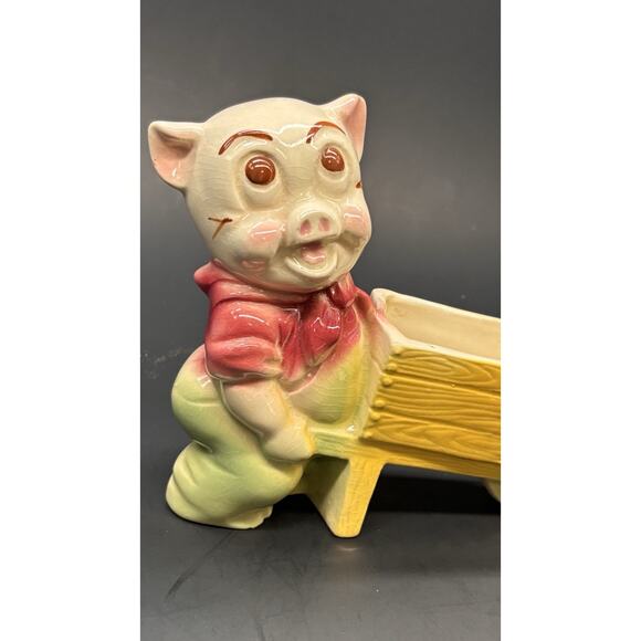 Vintage 1950s Shawnee Pottery Pig Planter, "Smiley Porky Pig" w/Wheelbarrow - Picture 9 of 15